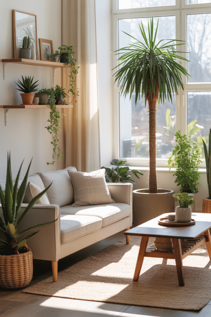 Living room with palm tree, succulents, and organic modern neutral furniture.