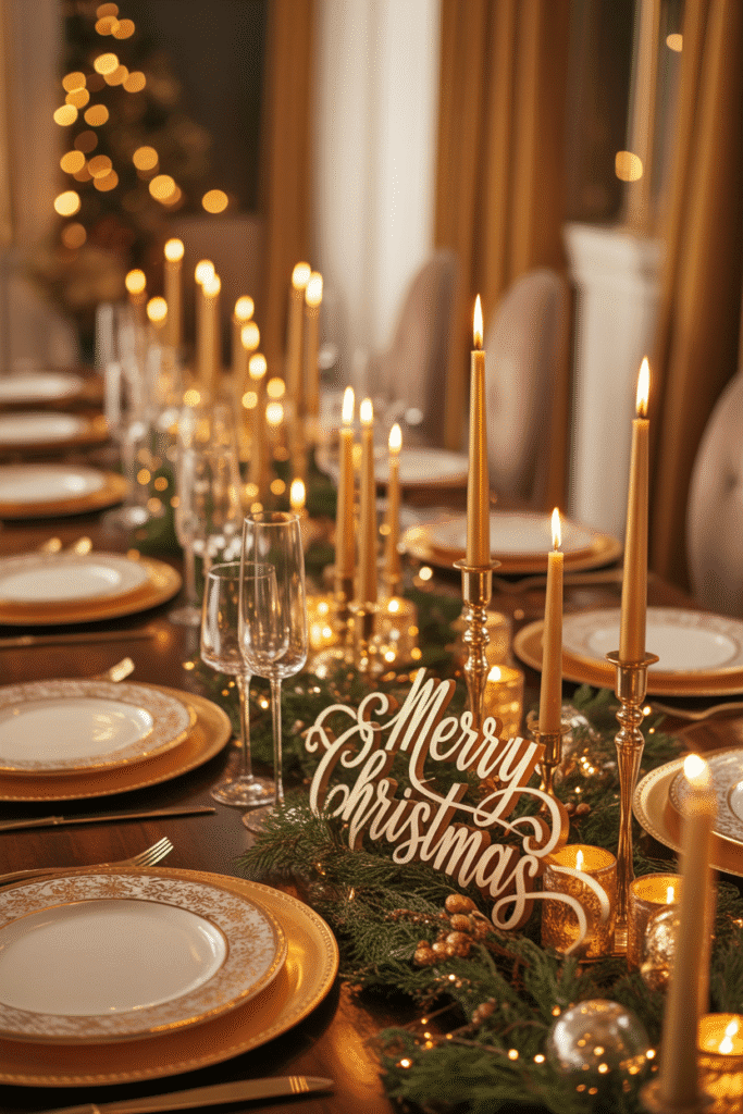 Luxurious gold-themed Christmas dinner table setting with metallic accents.