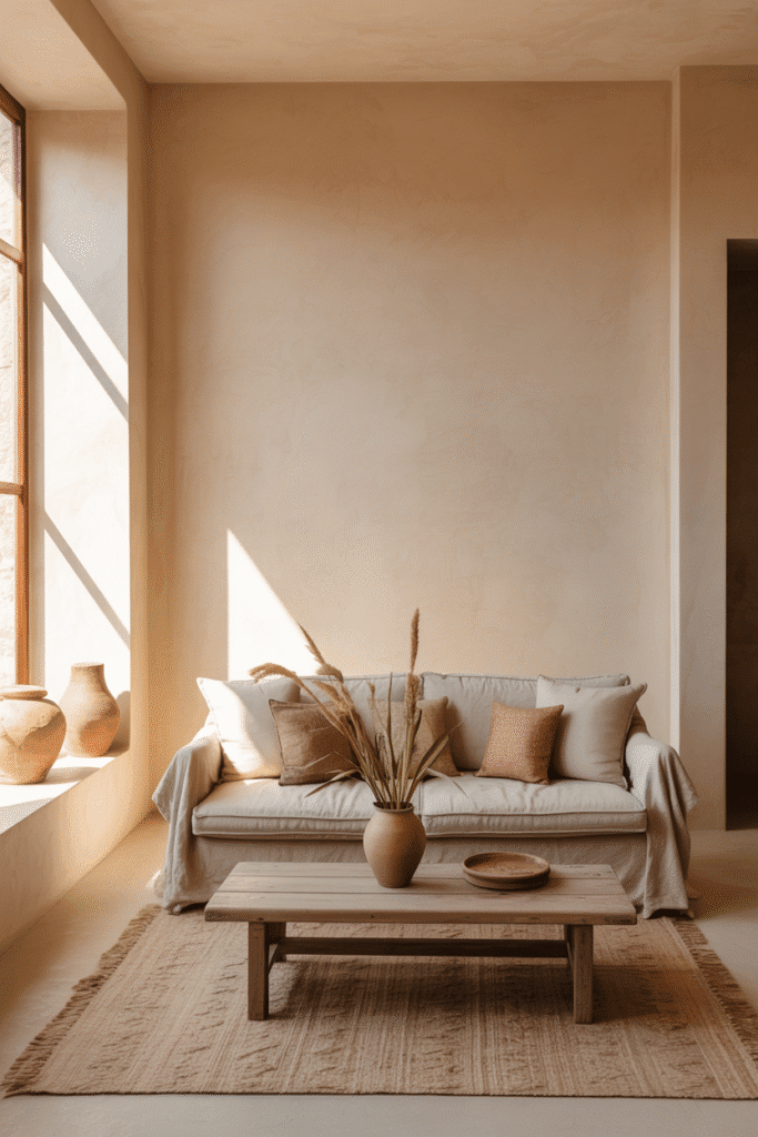 Living room with limewash beige walls, linen seating, and wooden accents.