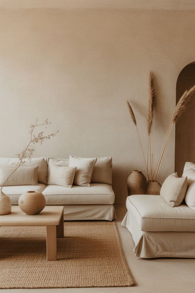 Living room with limewash beige walls, linen seating, and wooden accents.
