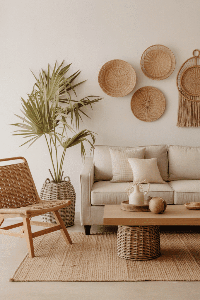 Living room with rattan chair, wicker baskets, and woven wall decor.
