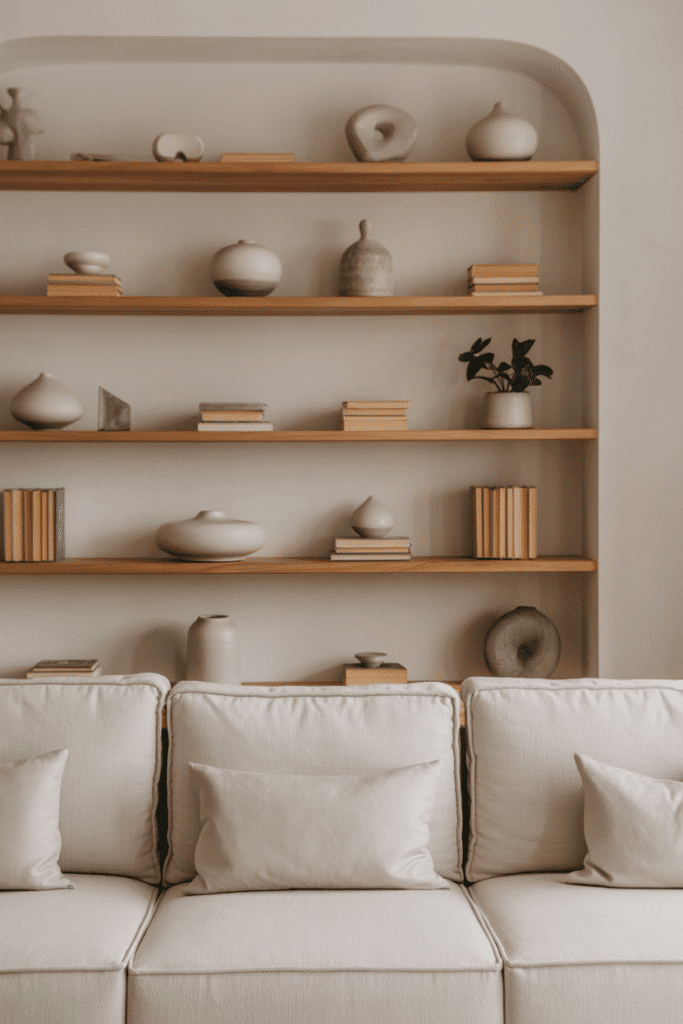 Organic modern living room with floating wooden shelves styled with ceramics and books.