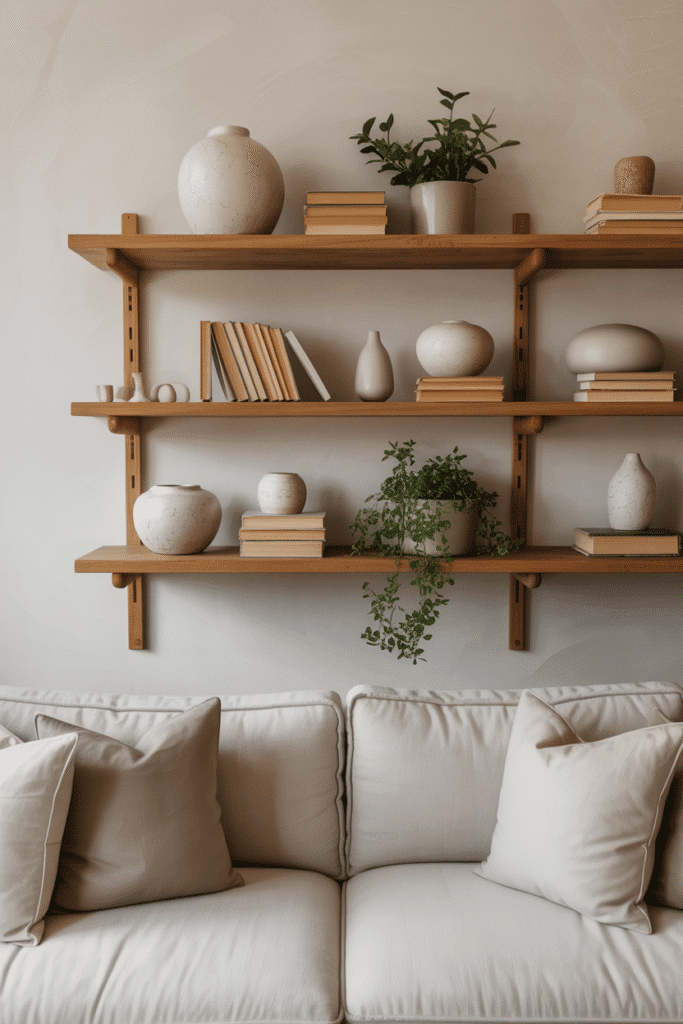 Organic modern living room with floating wooden shelves styled with ceramics and books.