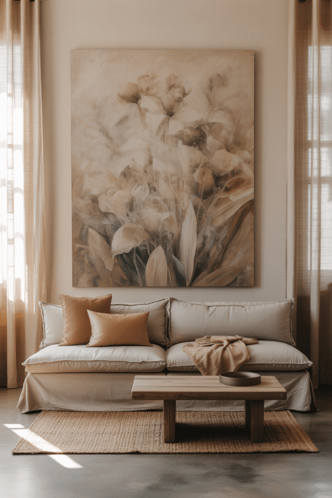 Living room with abstract artwork in earthy tones above linen sofa.