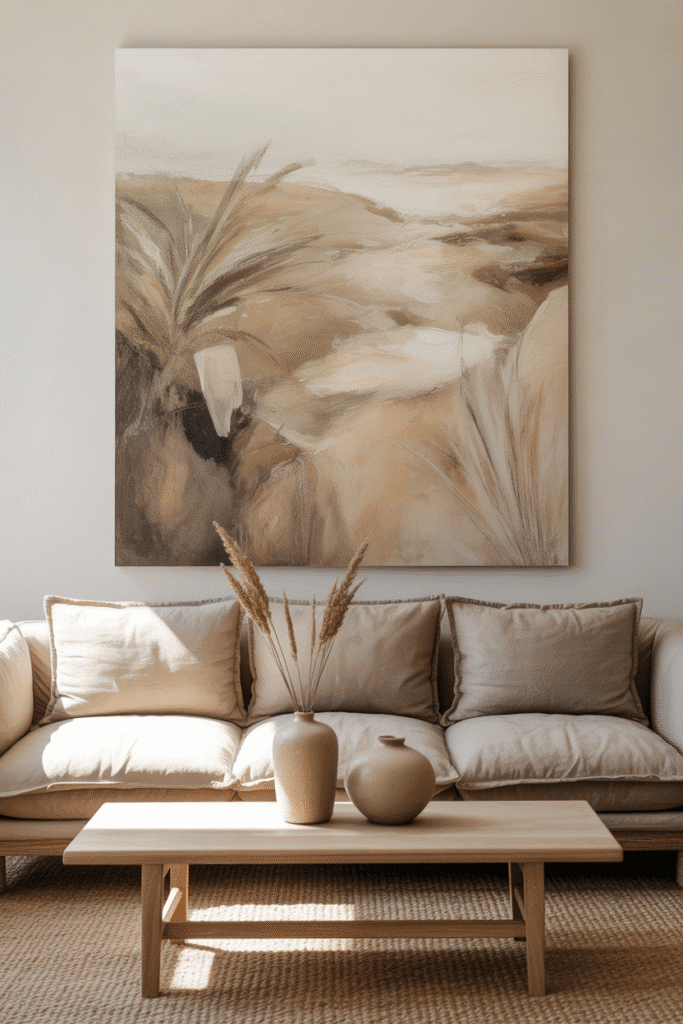 Living room with abstract artwork in earthy tones above linen sofa.