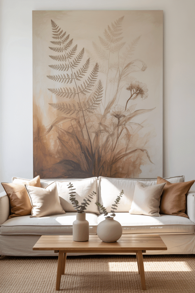 Living room with abstract artwork in earthy tones above linen sofa.