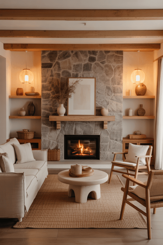 Organic modern living room with stone fireplace, linen sofa, and wooden accents.