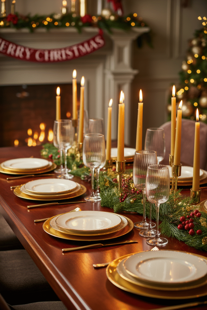 Luxurious gold-themed Christmas dinner table setting with metallic accents.