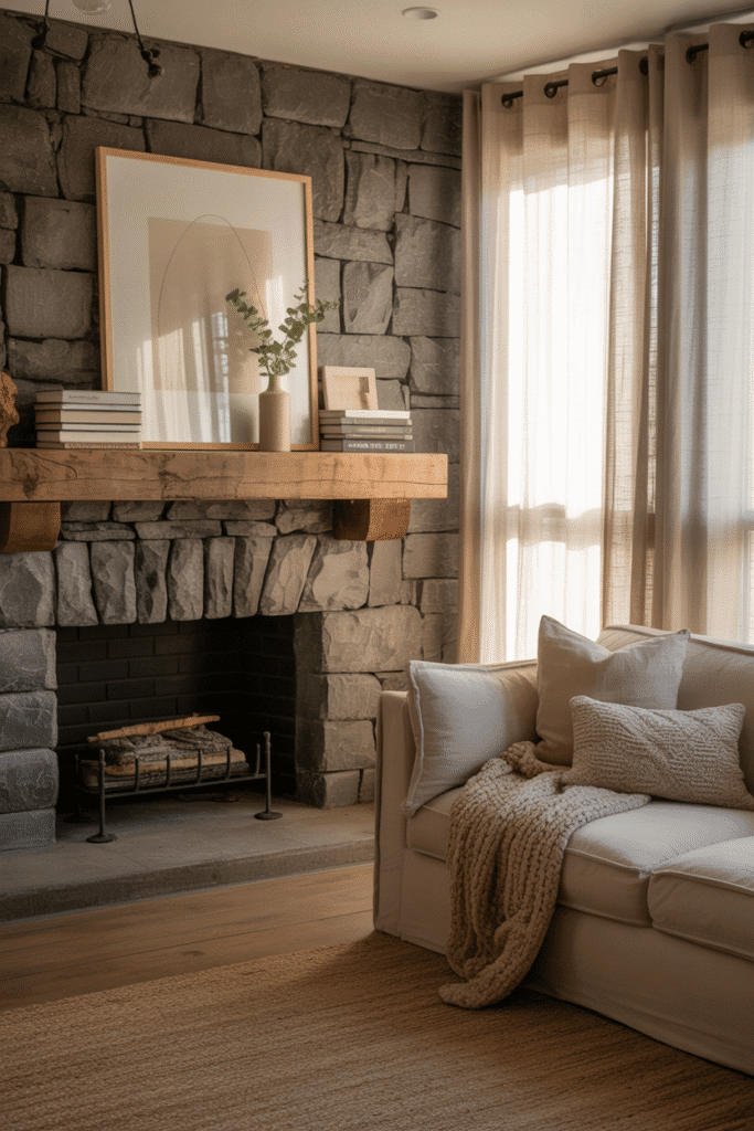 Organic modern living room with stone fireplace, linen sofa, and wooden accents.