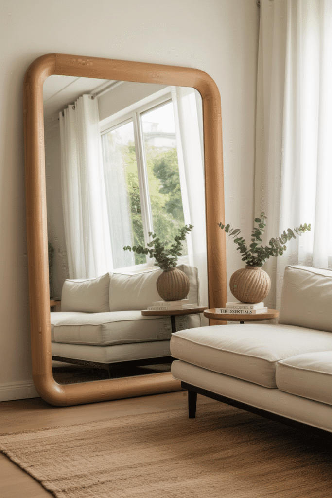 Living room with oversized oak-framed mirror and organic modern furnishings.