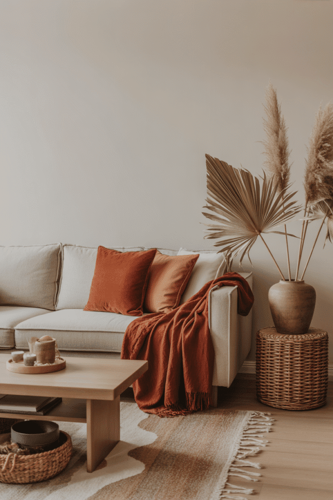 Organic modern living room with terracotta cushions and dried pampas grass styled for fall.