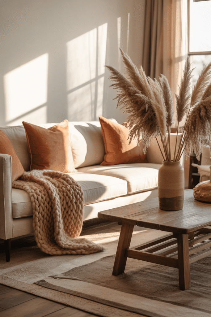 Organic modern living room with terracotta cushions and dried pampas grass styled for fall.