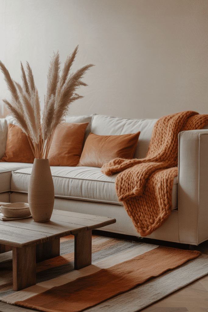 Organic modern living room with terracotta cushions and dried pampas grass styled for fall.