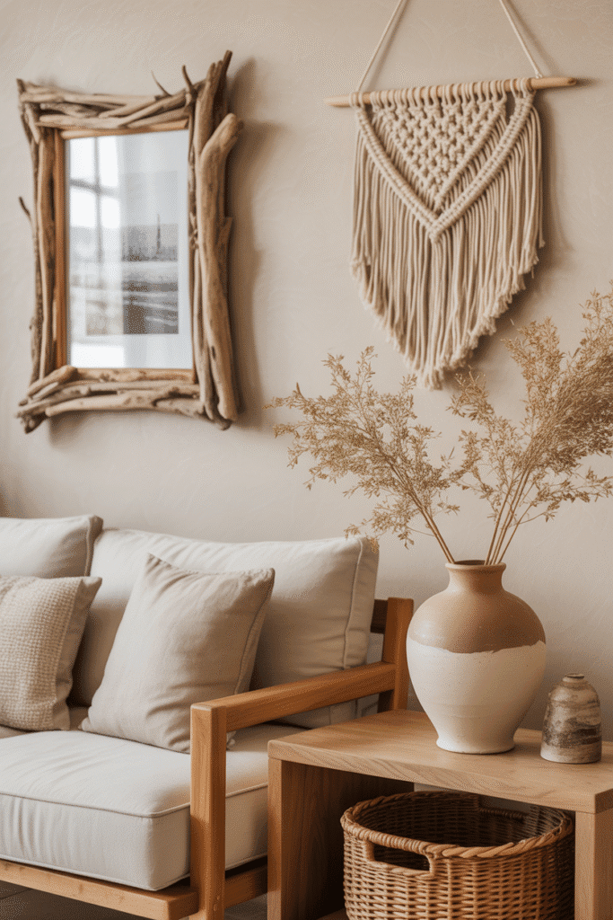 Organic modern living room with driftwood frame, clay vase, and macrame wall hanging.