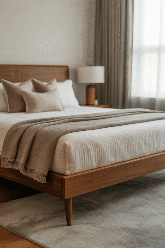 As a part of mid-century modern bedroom ideas this picture shows a walnut mid-century modern platform bed with tapered legs, styled with white and gray bedding.