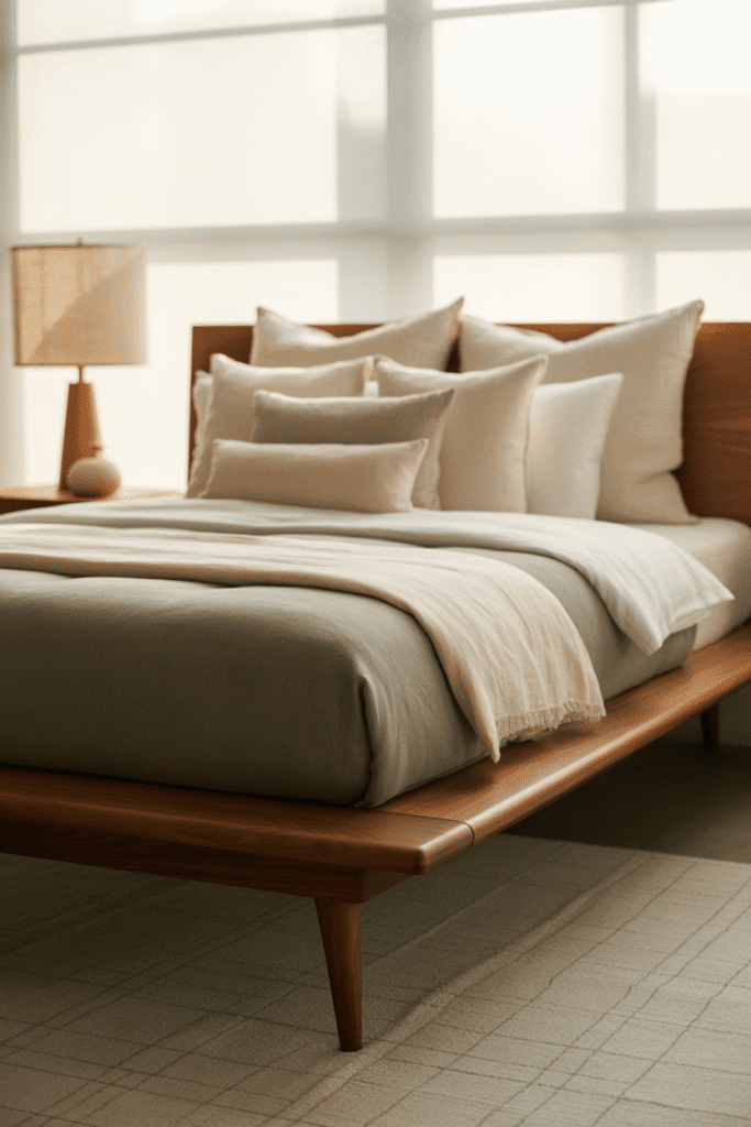 Walnut mid-century modern platform bed with tapered legs, styled with white and gray bedding.