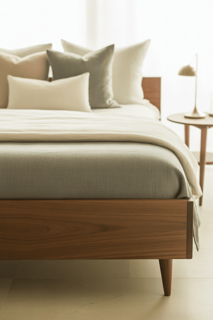 Walnut mid-century modern platform bed with tapered legs, styled with white and gray bedding.
