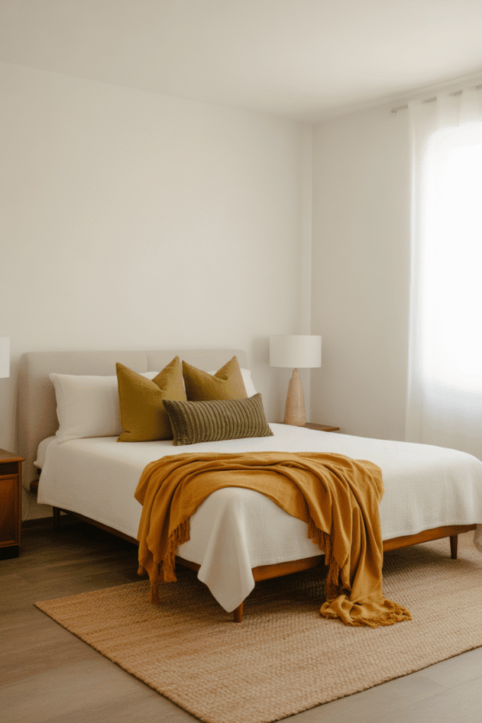 Mid-century modern bedroom with white walls, beige rug, and mustard and olive green accents.