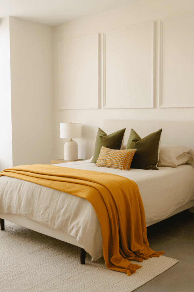 Mid-century modern bedroom with white walls, beige rug, and mustard and olive green accents.