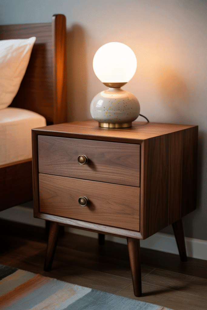 Wooden mid-century nightstands with brass pulls, ceramic lamps, and plants.