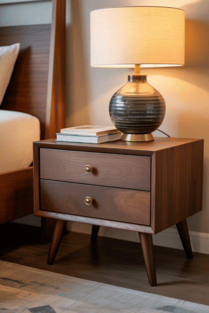 Wooden mid-century nightstands with brass pulls, ceramic lamps, and plants.