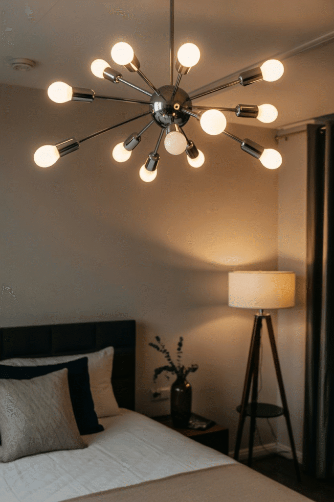 Mid-century bedroom with Sputnik chandelier and tripod floor lamp.
