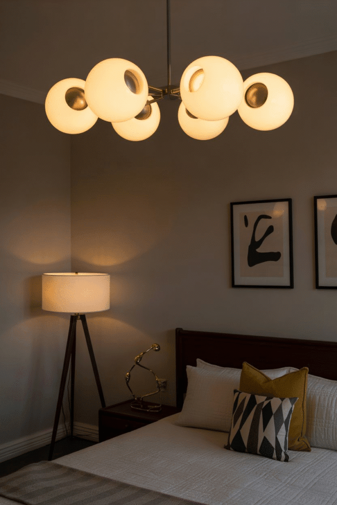 Mid-century bedroom with Sputnik chandelier and tripod floor lamp.