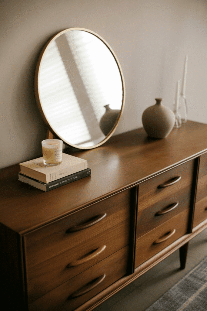 Walnut mid-century dresser with round mirror and styled accessories.