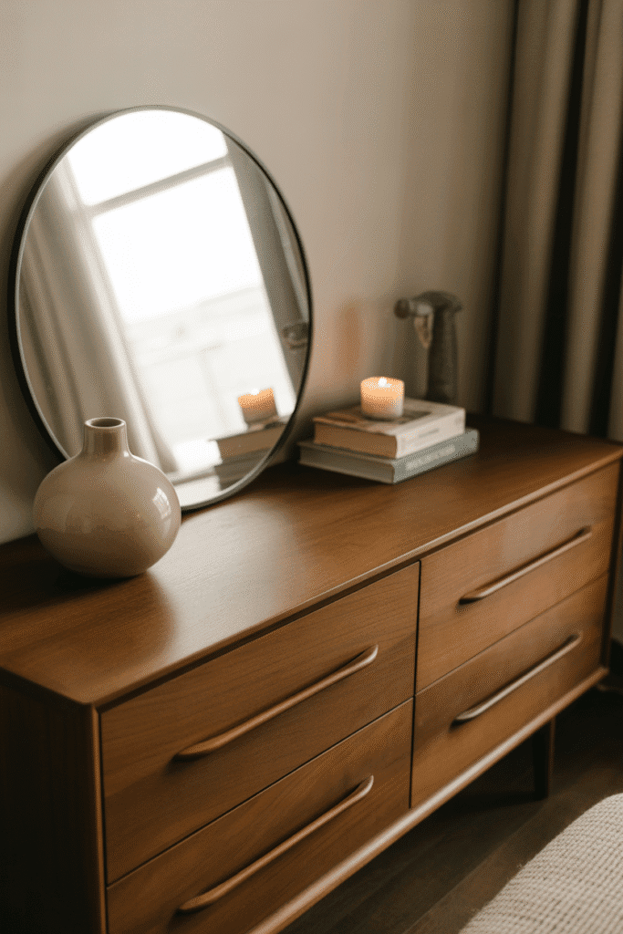 Walnut mid-century dresser with round mirror and styled accessories.