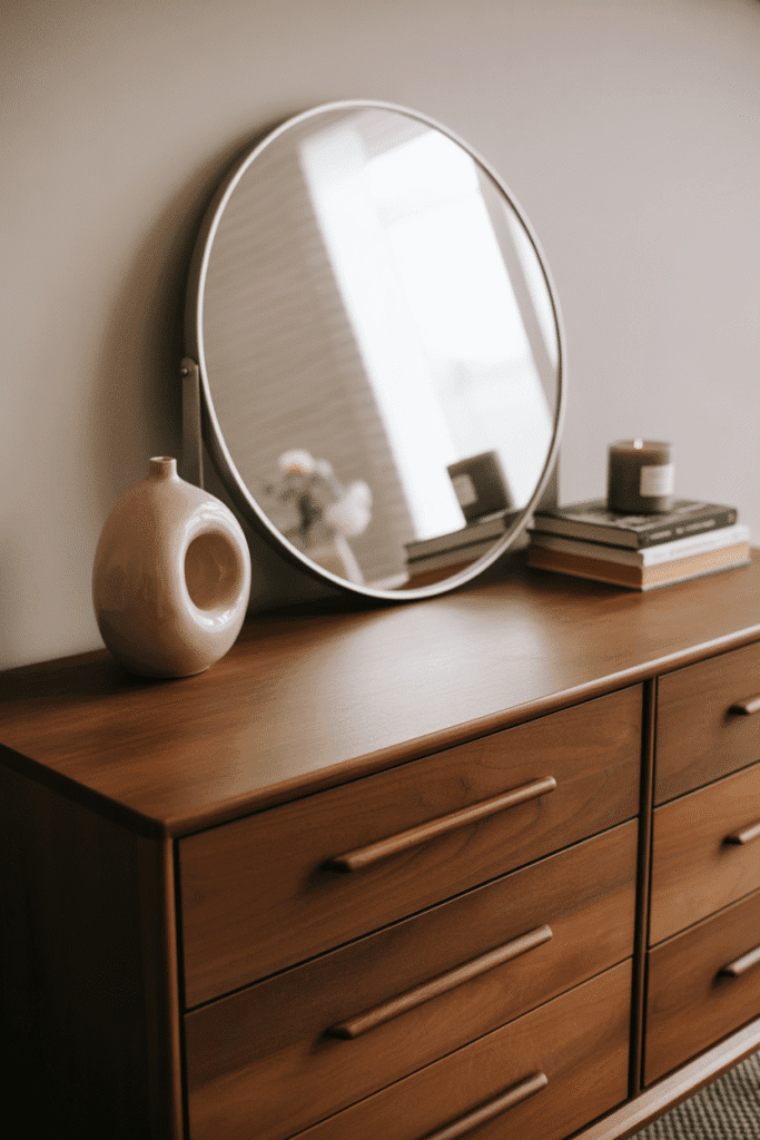 Walnut mid-century dresser with round mirror and styled accessories.