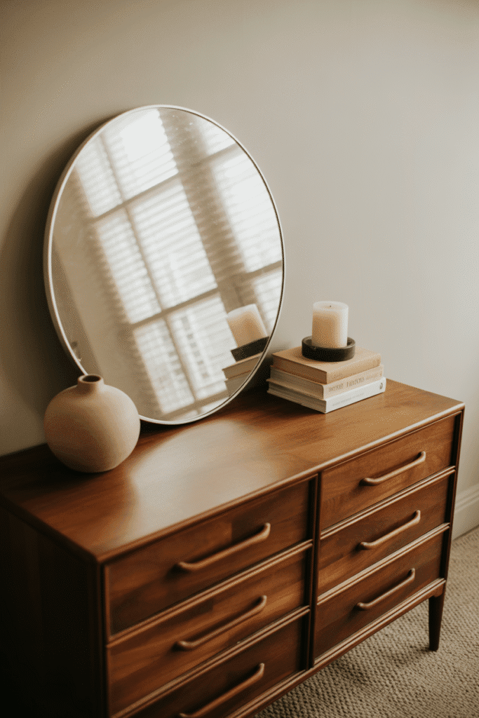 Walnut mid-century dresser with round mirror and styled accessories.