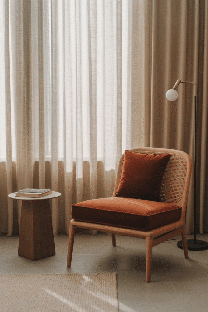 Mustard velvet Eames-style lounge chair in a mid-century bedroom nook.