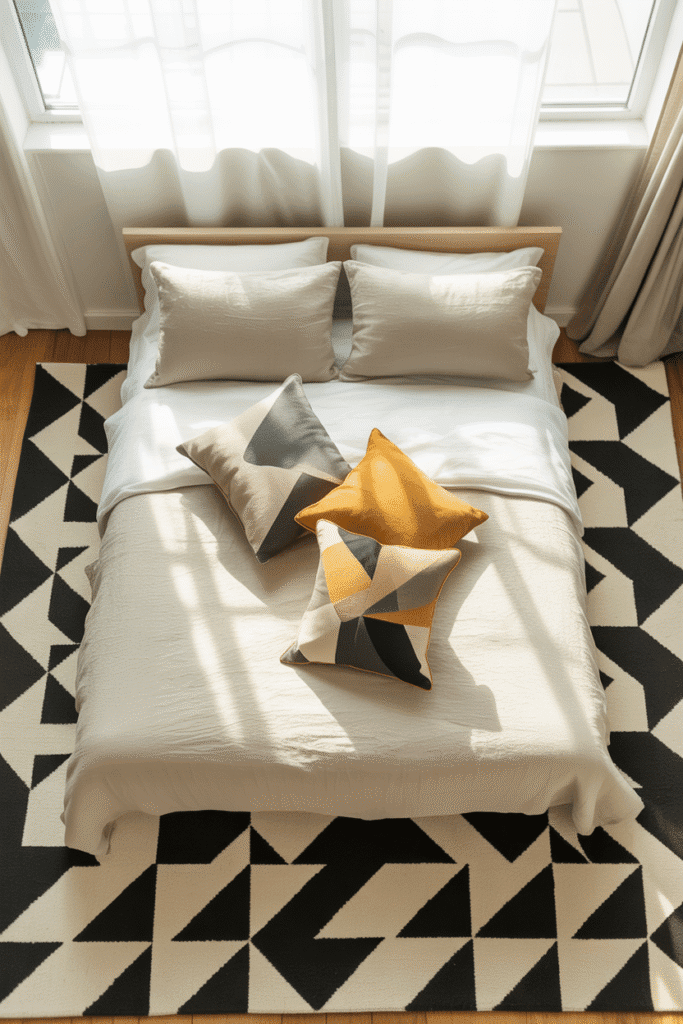 Mid-century modern bedroom with geometric rug and abstract pillows.