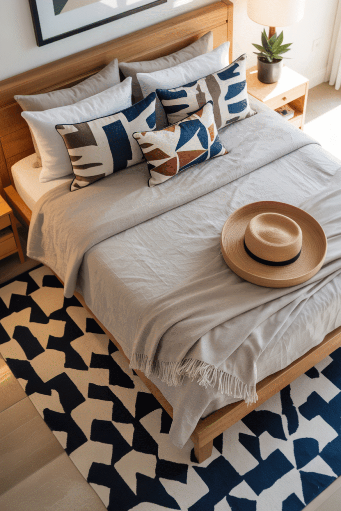 Mid-century modern bedroom with geometric rug and abstract pillows.