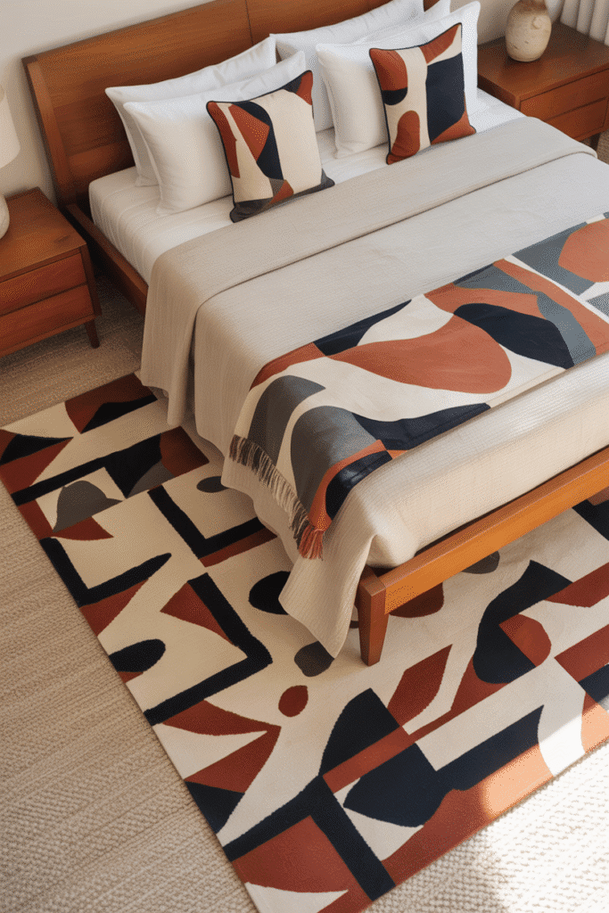 Mid-century modern bedroom with geometric rug and abstract pillows.