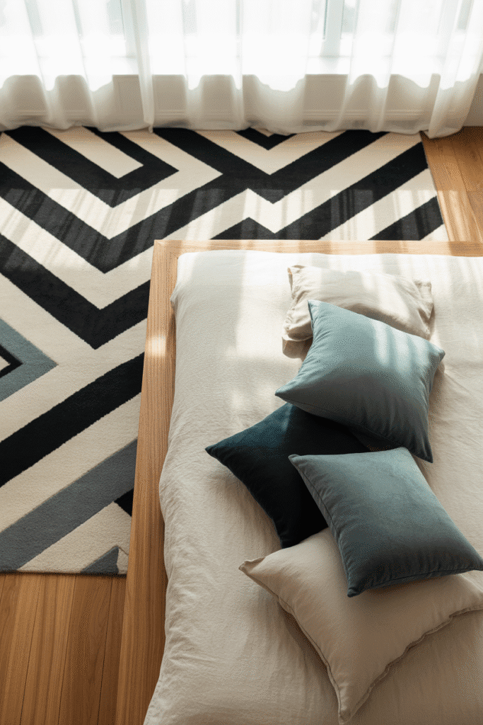 Mid-century modern bedroom with geometric rug and abstract pillows.