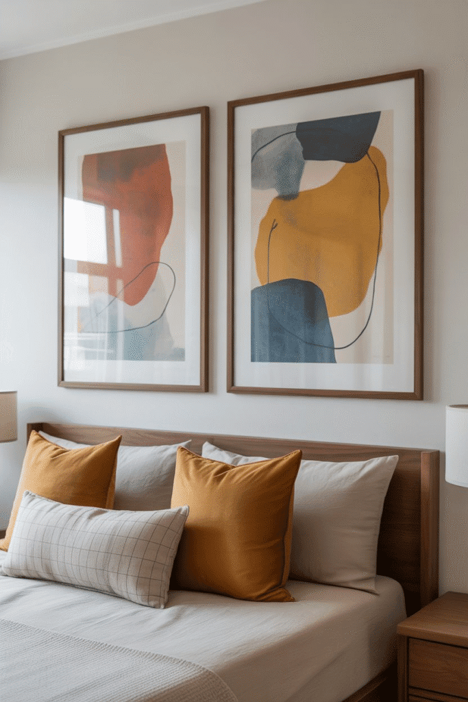 Bedroom wall with oversized abstract art in mid-century modern style.