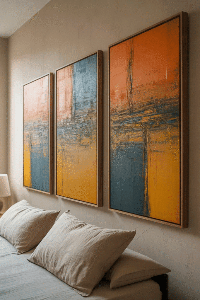 Bedroom wall with oversized abstract art in mid-century modern style.