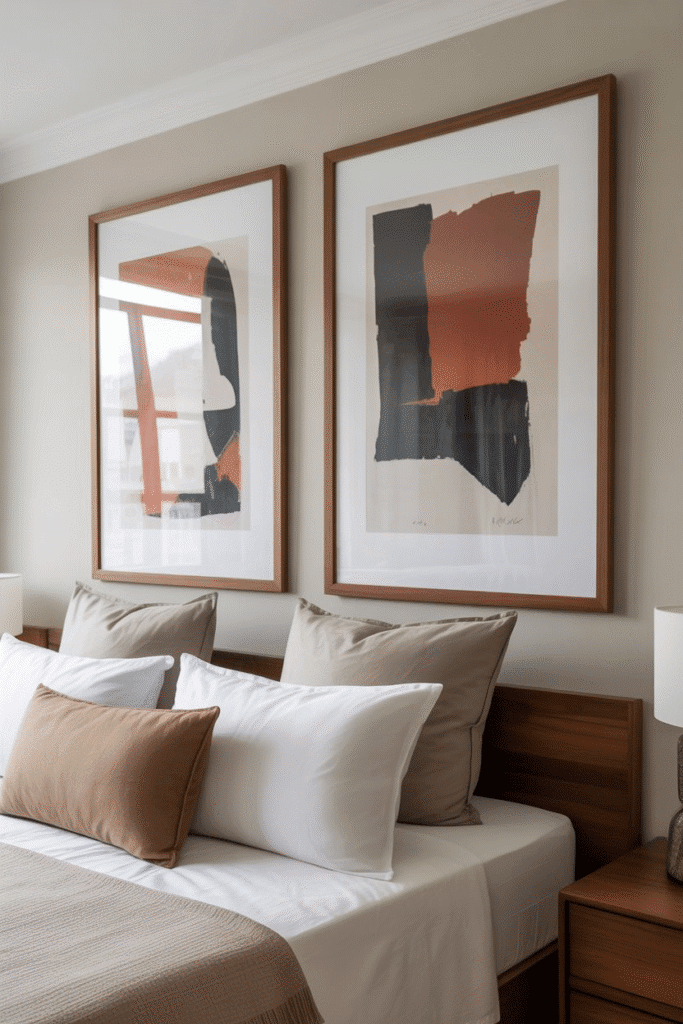 Bedroom wall with oversized abstract art in mid-century modern style.