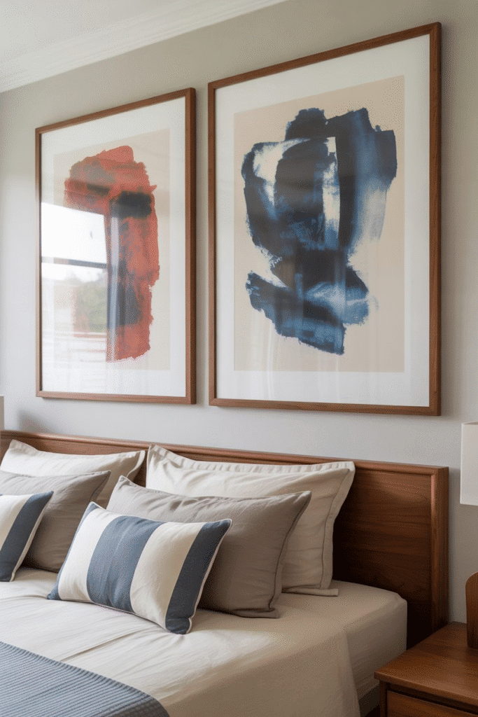 Bedroom wall with oversized abstract art in mid-century modern style.