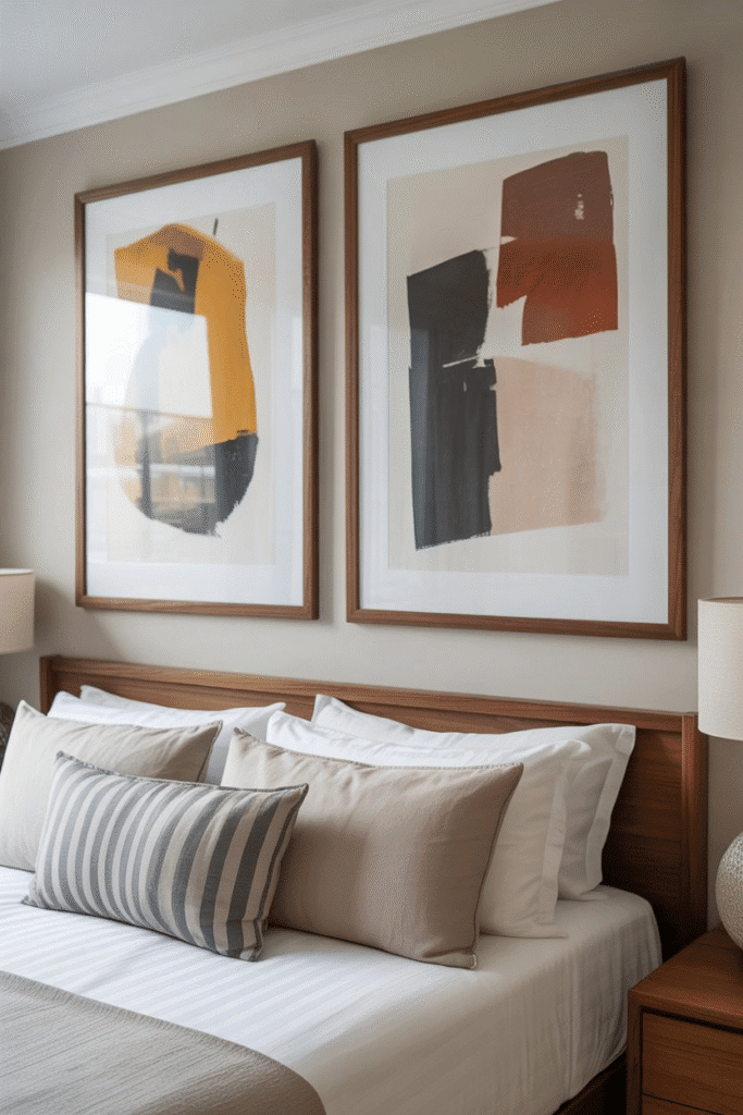 Bedroom wall with oversized abstract art in mid-century modern style.