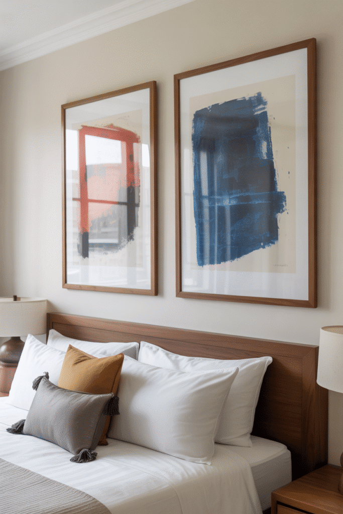 Bedroom wall with oversized abstract art in mid-century modern style.
