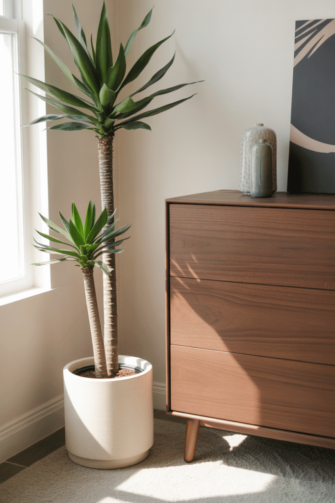 Mid-century modern bedroom corner with snake plant and wooden dresser.