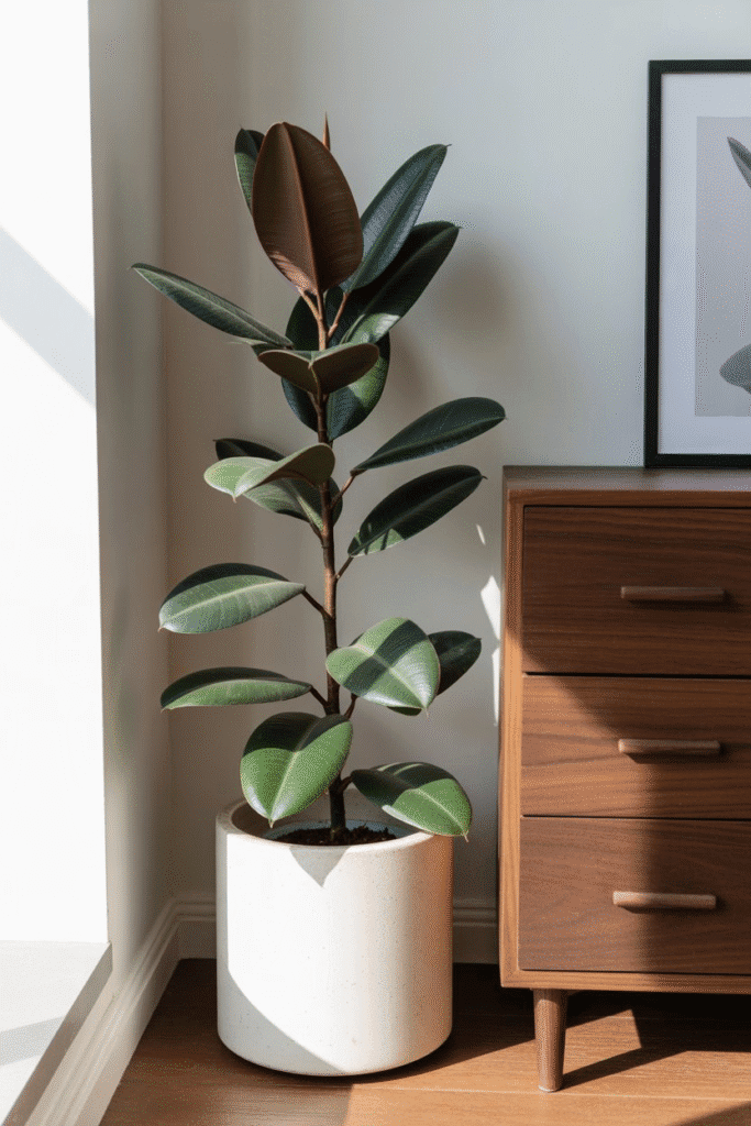 Mid-century modern bedroom corner with Rubber plant and wooden dresser.