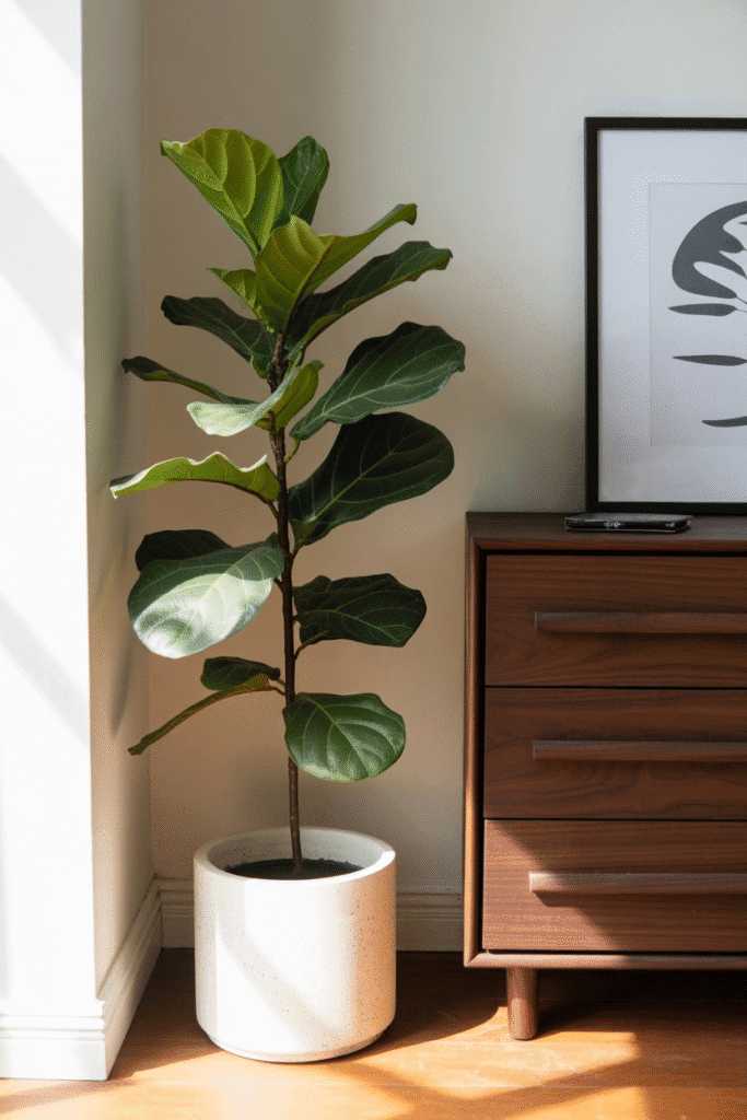 Mid-century modern bedroom corner with Rubber plant and wooden dresser.