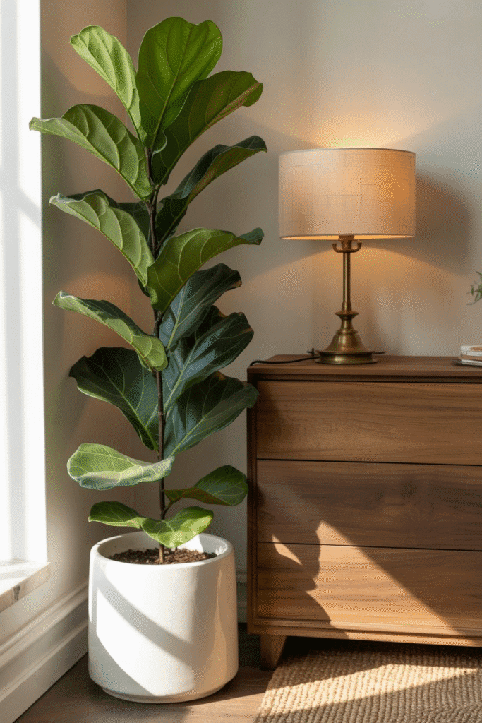Mid-century modern bedroom corner with Rubber plant and wooden dresser.