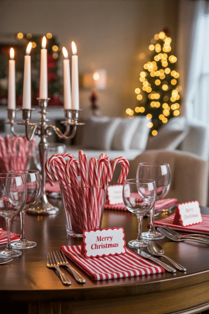 Playful Christmas dinner table setting with candy cane decorations.