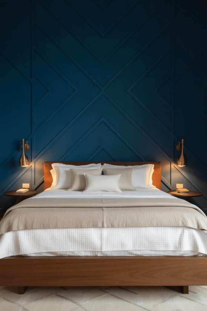 Mid-century bedroom with navy accent wall, wood bed, and brass sconces.