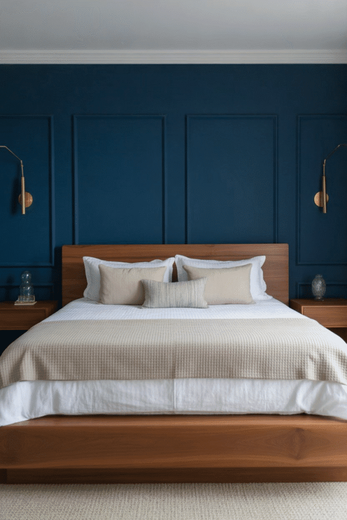 Mid-century bedroom with navy accent wall, wood bed, and brass sconces.