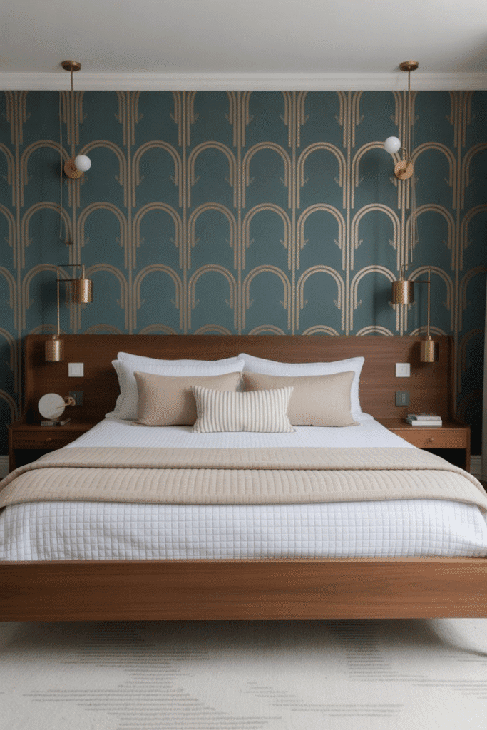 Mid-century bedroom with navy accent wall, wood bed, and brass sconces.